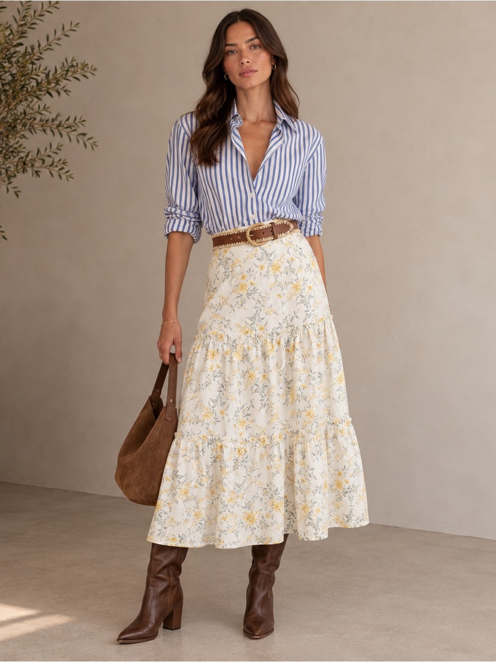 Polo Ralph Lauren Yellow Vine Floral 100% Linen Tiered Midi Skirt Size 2